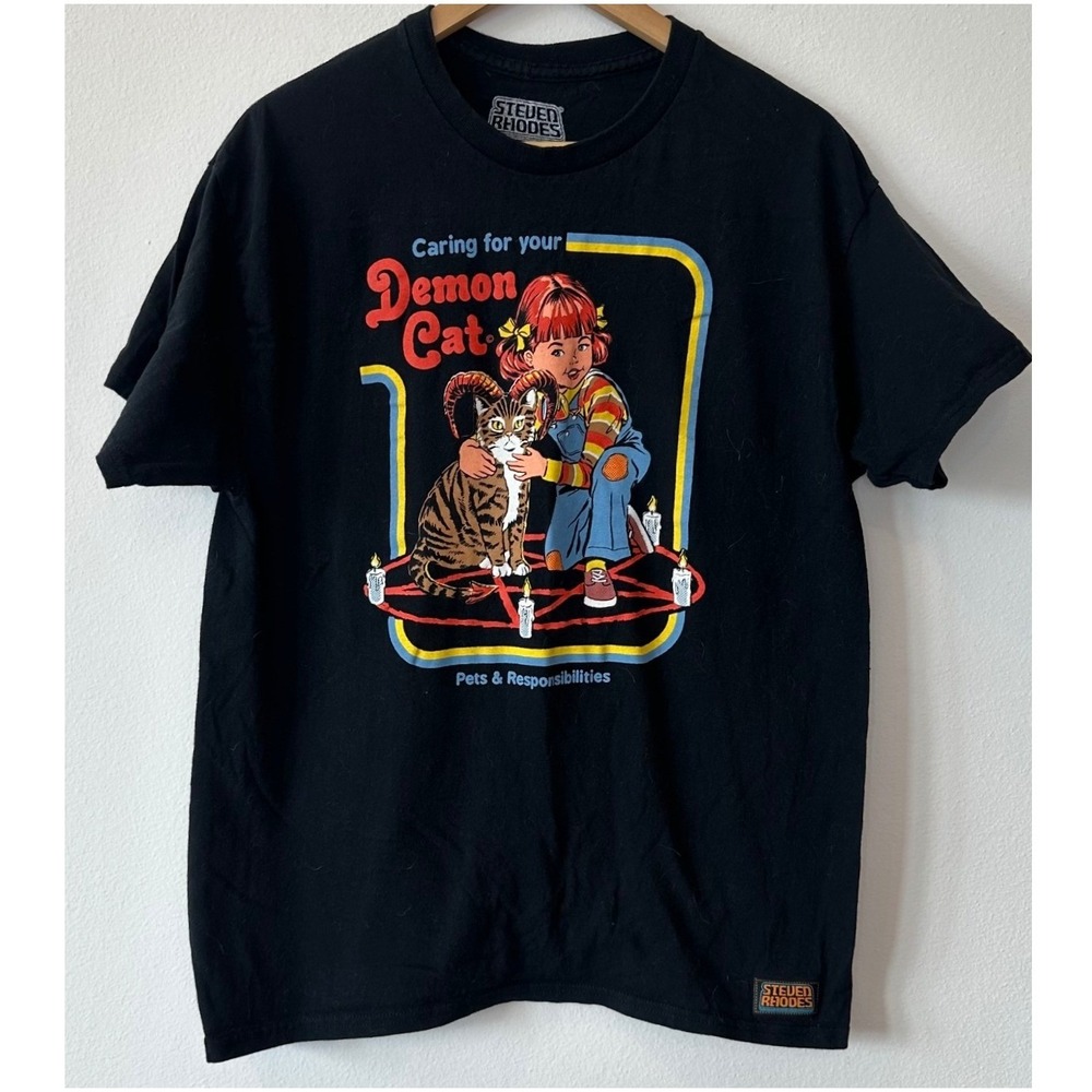 Steven Rhodes Demon Cat T Shirt Mens Black Satanic Occult Graphic Tee